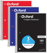 Spiral Notebooks, 3 Pack, 5 Subject, College Ruled Notebooks for School, 8 x 10.