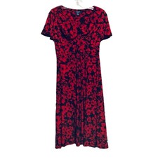 Chaps Dress S Red & Black Floral Stretchy Flutter Sleeves Cocktail Valentine's