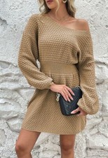 Women's Sweater Dress Chunky Knitted Slouchy Tunic Long Pullover Beige Large