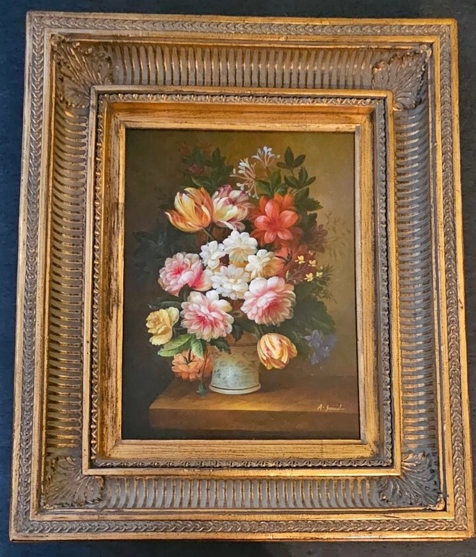 Flowers on Table-Timeless Treasures certified: Oil Painting; Signed By A-Smid
