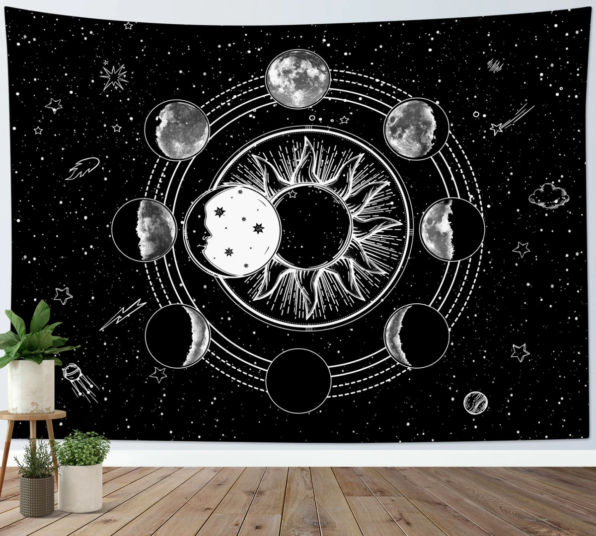 Boho Sun Moon Phase Tapestry Black White Galaxy Wall Hanging