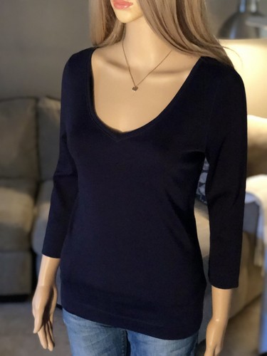NWT Womens RALPH LAUREN Small 4 6 Navy Vneck Sweater Blouse Top Vback 3/4 Sleeve - Picture 4 of 12