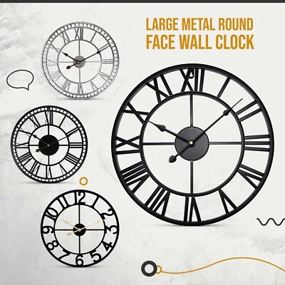 Large Wall Clock Round Face Living Room Roman Numerals Skeleton Big Open Kitchen - Image 1 of 4