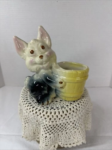 Vintage Shawnee Anthropomorphic Dog Holding Barrel Animal Planter Vintage 50s