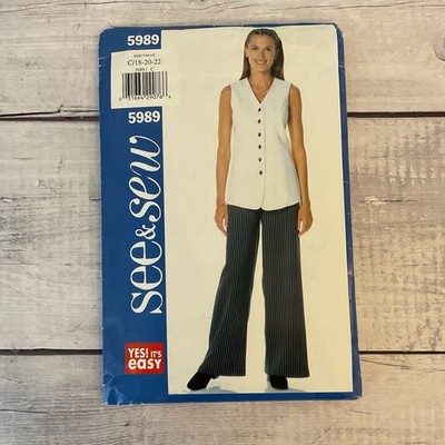 See & Sew 5989 Sewing Pattern Top Sleeveless Buttons Pants Wide Leg 18-22 UNCUT