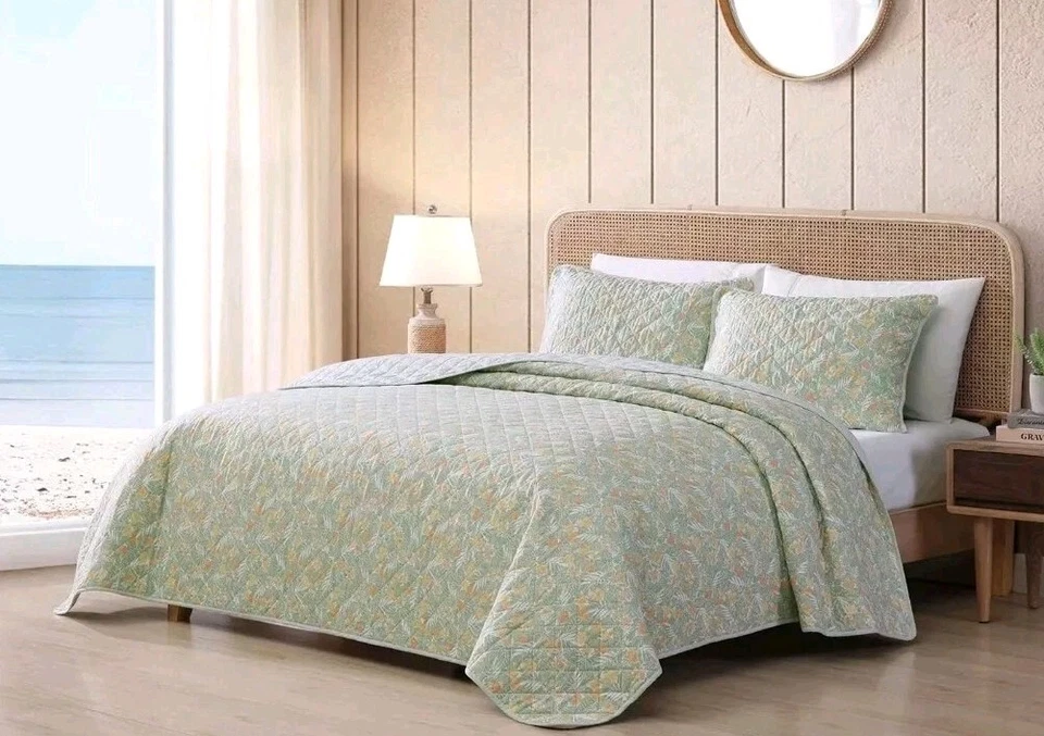 Tommy Bahama Queen 被子套装带 Shams 100% 棉,菠萝开花春绿色 — 第 2/4 张图片