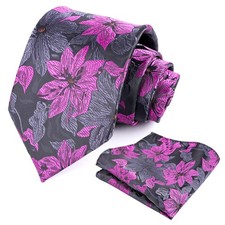 Mens 3.35inches Large Floral Pattern Necktie and Printed Pocket Square Set Bl...