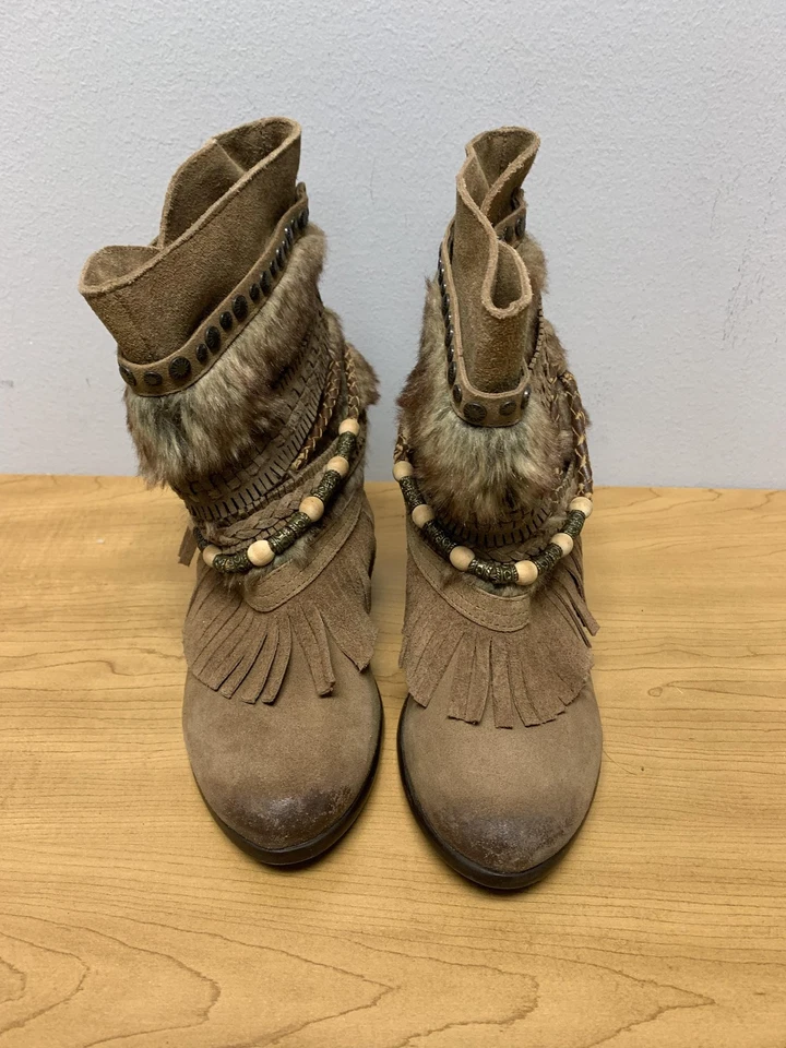 Naughty Monkey Boots Womens Size 8 Brown Suede Fringe Faux Fur Beaded Ankle - Image 2 of 4