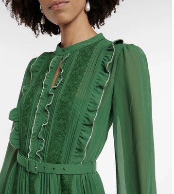 Self-Portrait Green Maxi Dress 4 Long Sleeve Round Neck Lace Ruffle Belt