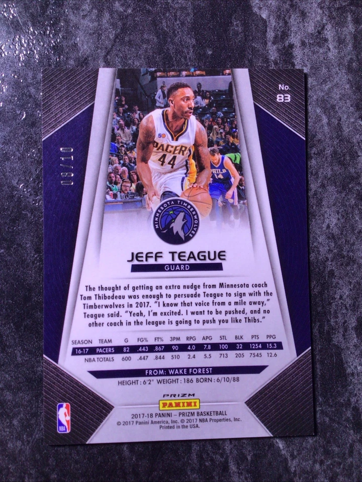 JEFF TEAGUE 2017-18 PANINI PRIZM #83 GOLD #/10 TIMBERWOLVES PACERS - Image 2 of 2