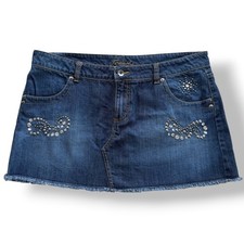 Jordache Womens 15/16 Rhinestone Studs Dark Wash Denim Mini Jean Skirt Y2K Retro