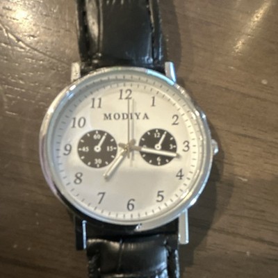 Modiya Analog Black Leather Strap Silver Men's Dress Wristwatch Arabic Numerals