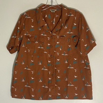 Duluth Trading Shirt Womens Large Brown Hem Untucked Camp Floral Gnome Print L