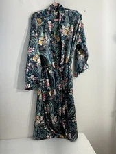 Womans Vtg Kathryn Bath Robe Green Floral Paisley Long Ash Front Tie Closure Med