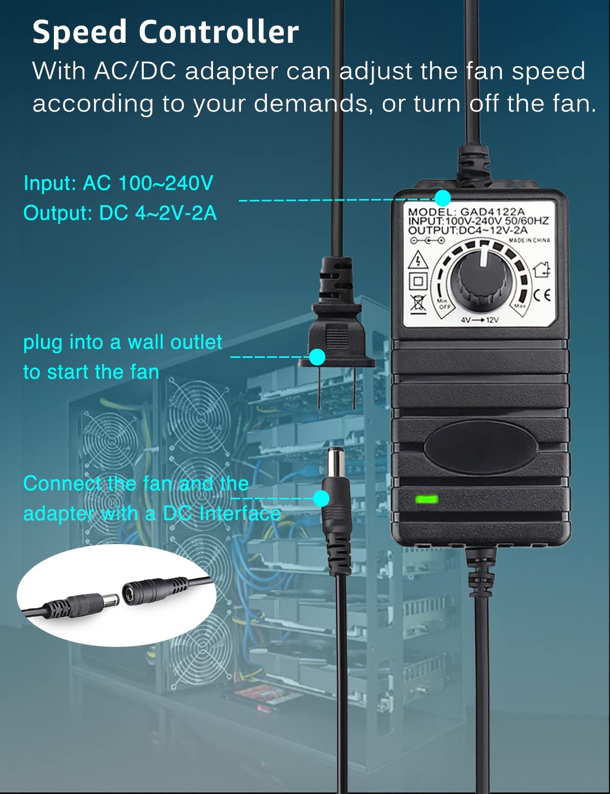 Big Airflow 4X 120mm Fans with 100V-240V AC Powered Speed Controller for DIY ...