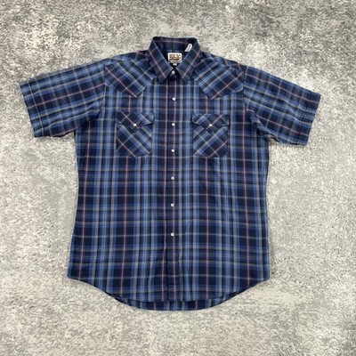 Ely Cattleman Shirt Mens Large Blue Plaid Western Pearl Snap Pockets Cowboy Punk