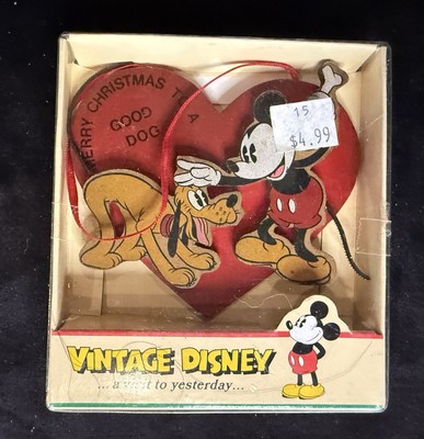 DISNEY Kurt Adler Pluto Mickey Mouse & Kitty Heart Wooden Christmas Ornament
