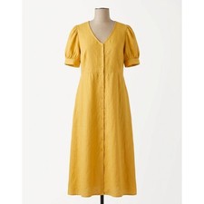 Magaschoni Linen Maxi Dress Women L Yellow Button Front Belted Puff Sleeve