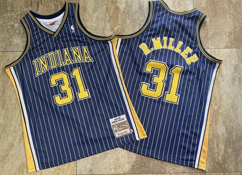 Indiana Pacers Reggie Miller 31 Navy blue pinstriped vintage basketball jersey