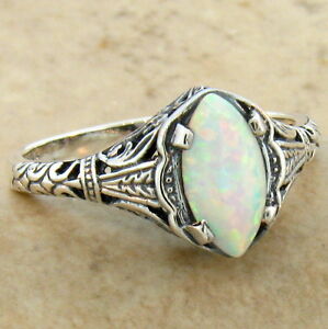#513 VICTORIAN FILIGREE WHITE LAB OPAL .925 STERLING SILVER RING SIZE 8