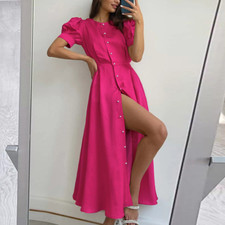 Women's Dress Summer New Solid Temperament High Waist Split Mid-length Dress