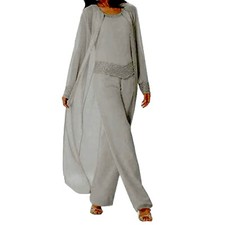 METROSTYLE 3 Piece Mother of the Bride Pantsuit Light Gray Beaded Chiffon Sz 10
