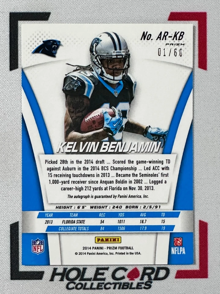KELVIN BENJAMIN RC 2014 Panini Prizm Auto Autograph Rookie #AR-KB Gold 01/60 一 - Image 2 of 3