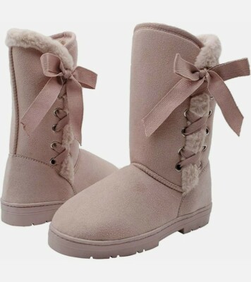 Kensie Womens Boots Size 8 Tan Round Toe Fur Lined Ribbon Lace Up Mid Calf Soft