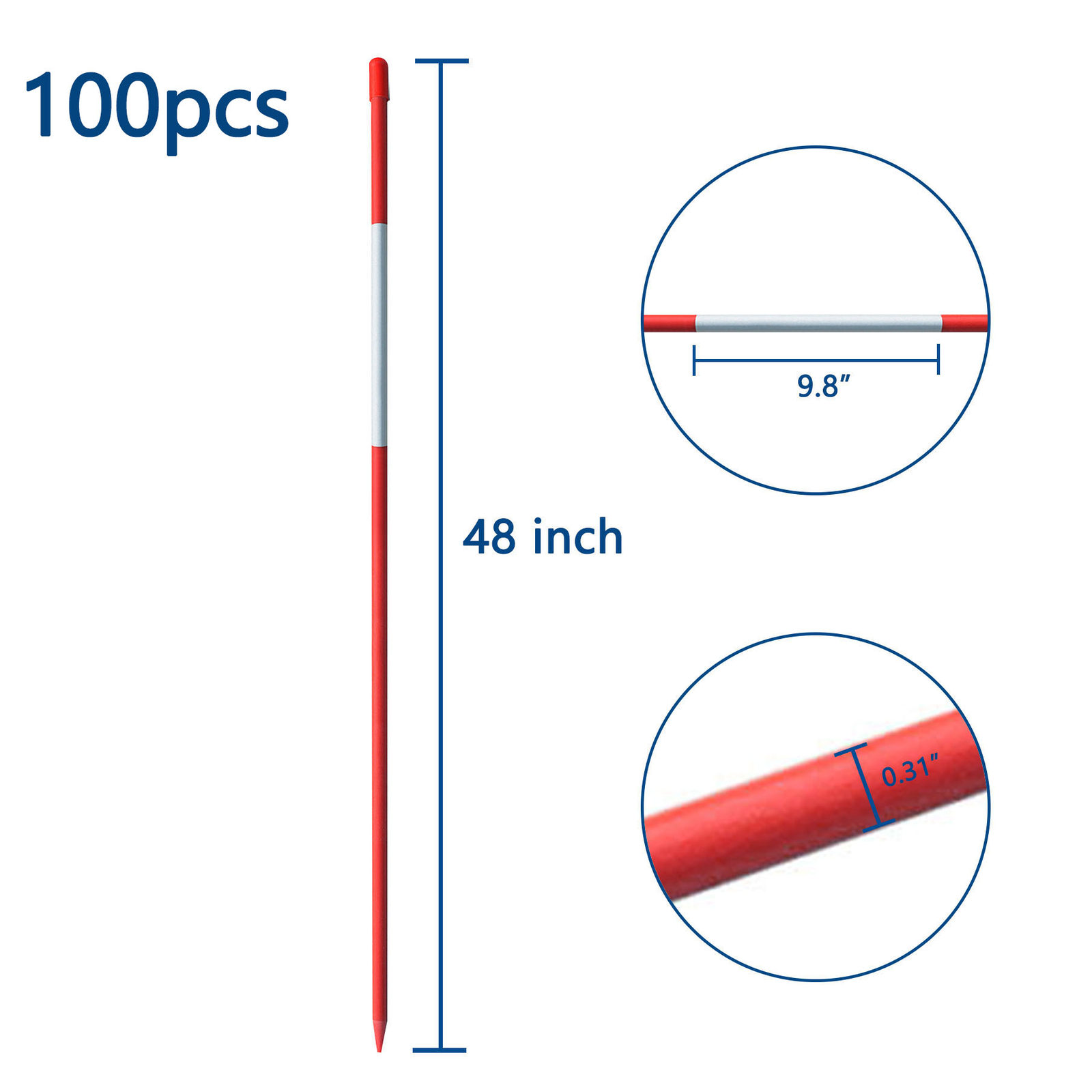 100 Pack 48" Reflective Driveway Markers Fiberglass Poles Red Plowing Stakes