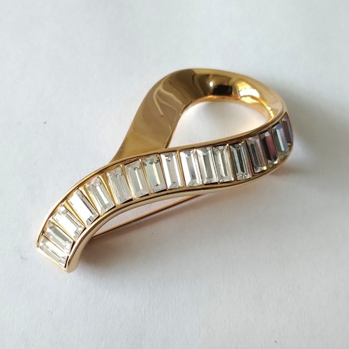 Swan Signed Swarovski Pave Clear Crystal Teardrop Brooch, Baguette Swarovski Cry