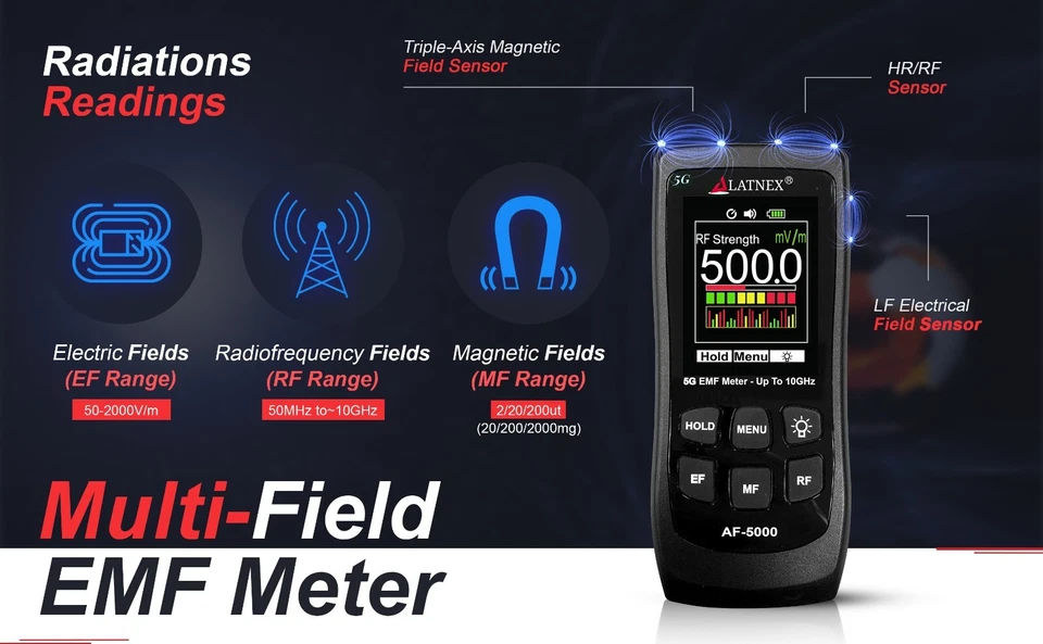 LATNEX AF-5000: Multi-Field 5G Radiation EMF Meter RF Detector Reader to 10GHz - Image 3 of 4
