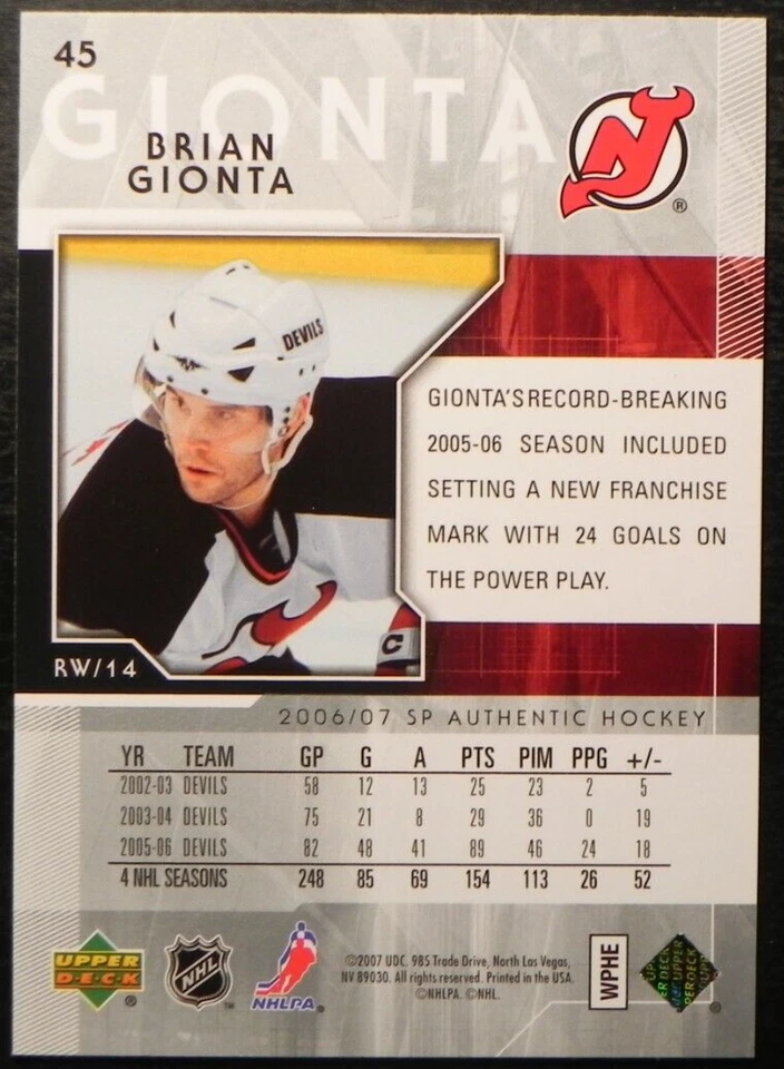 2006-07 06/07 SP Authentic #45 Brian Gionta New Jersey Devils - Image 2 of 2