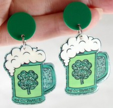 1 7/8" ST. PATRICK'S DAY GREEN BEER MUG w/ SHAMROCK ACRYLIC DROP DANGLE EARRINGS