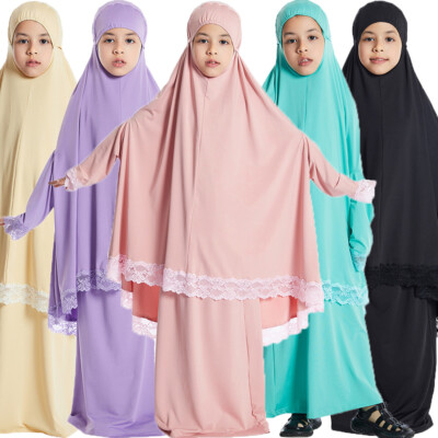 Muslim Islam Kids Girls Overhead Prayer Burqa Caftan Khimar Scarf Hijab Skirt