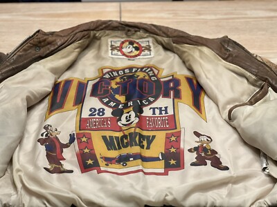 Vintage 90s Disney Victory Mickey Mouse Brown Leather Bomber