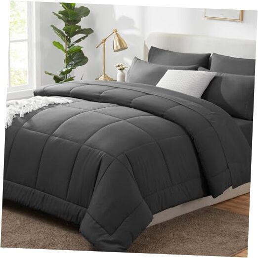 Grey Comforter for Size Bed - 7 Pieces Bed in a Bag Comforter Queen Dark Grey