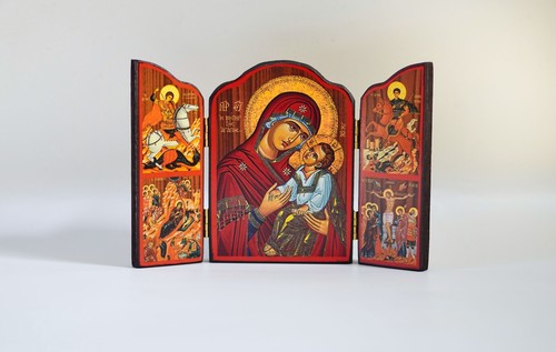 Tríptico Madera Icono de la Virgen María La Madre del Amor y con muchos iconos en él - Imagen 7 de 11