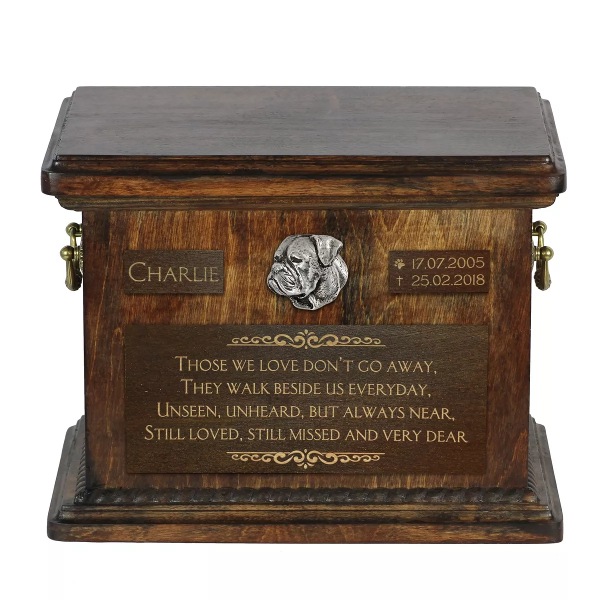 American Bulldog Urn for dog s ashes with relief and sentence