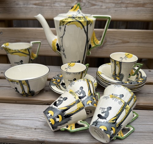 ART DECO BURLEIGH WARE ZENITH KAFFEESERVICE IM MUSTER "PFANNE" UM 1930