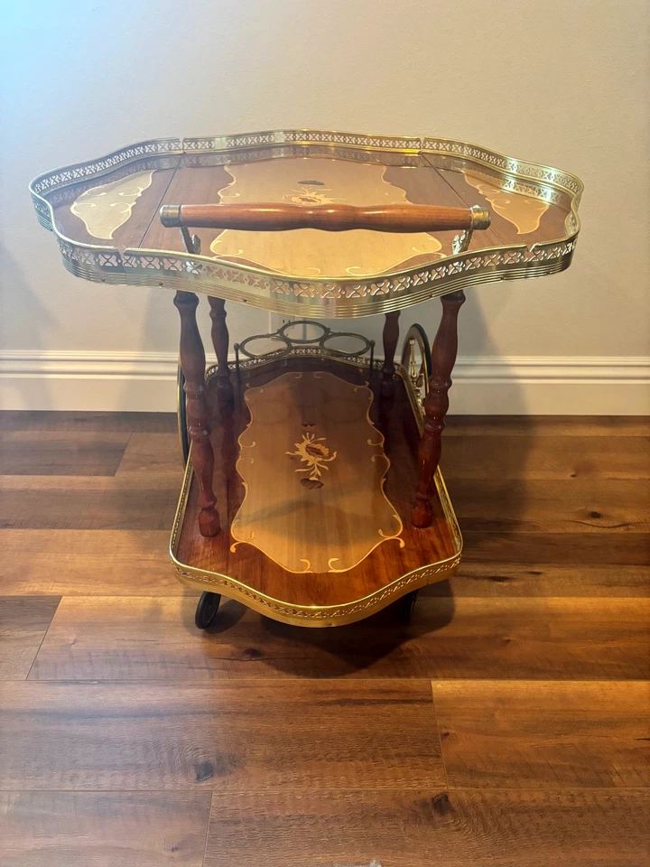 CARRITO DE SERVIR TÉ/CAFÉ/POSTRE VINTAGE CON RUEDAS Marrón/Dorado/Detalle Floral Foto 3 de 4