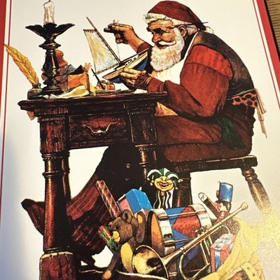 Vtg Christmas Card UNUSED Santa Burgoyne Making Sailboat Workshop W/env