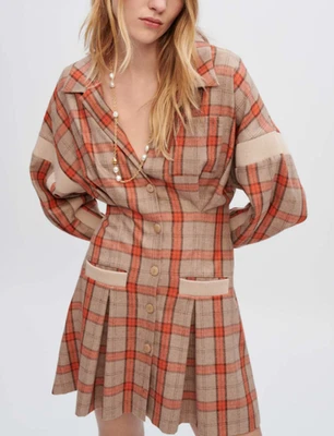 Maje Kleid Orange Gr. 36 Damen Seide Hemdblusenkleid Karo Shirt Dress MFPRO02654 - Bild 1 von 4