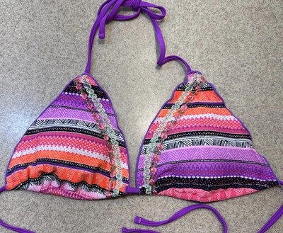 Y2K Boho Indie  Bikini Top Neon Purple Orange Embroidered Beaded XL