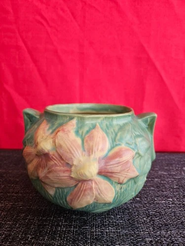 Roseville Pottery Green Clematis Jardiniere w/Handles; #455-4"; Pristine!