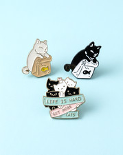 Lot Bundle Set of 3 Fun Cute Cat Lover Enameled Pins Life is Hard Get More Cats