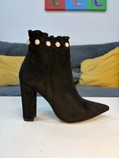 Image of Black Pearl Stud Ankle Boots – Block Heel Pointed Toe Zip Boots UK 4