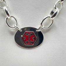 Vintage 90s Medical Alert Necklace Diabetic Silver Tone Thick Oval Link Chain