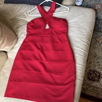 red keyhole bodycon dress Red Halter Bodycon Mini Dress Womens Size 11 Keyhole Bandage Sexy Club  Party
