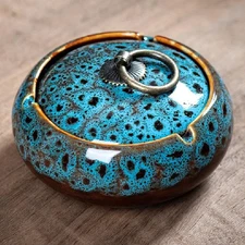 Handmade Ceramic Ashtray with Lids, Windproof Ashtray Smokeless for Indoor or Ou
