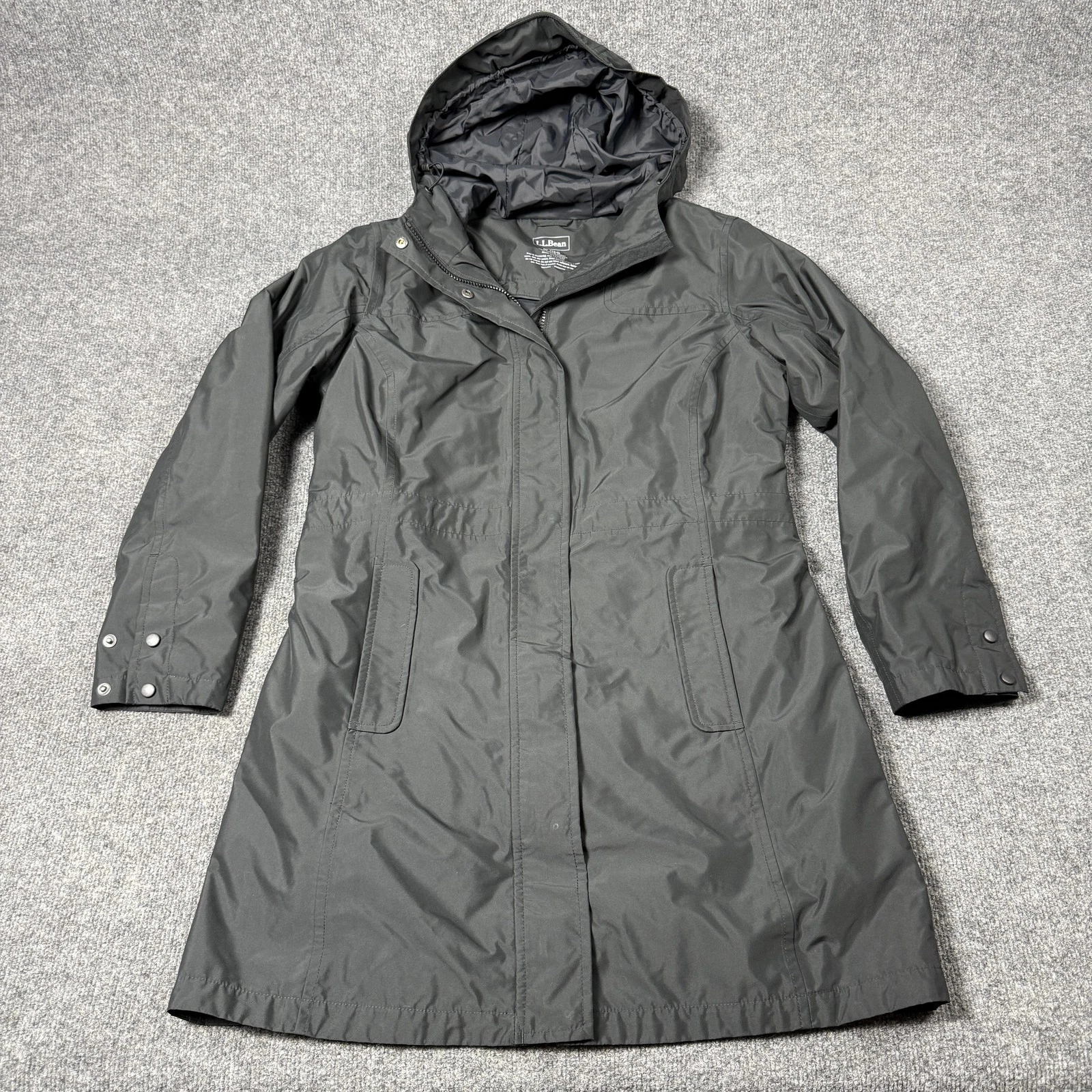 LL Bean Coat Womens Medium Black H2Off Hooded Rain PrimaLoft Lined Mid Length